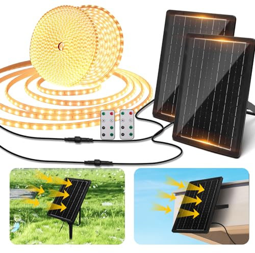 Aigostar Tira LED Solar Exterior 10M con Control Remoto 2 PCS, 100W 600 LEDs Tira LED Exterior Impermeable IP65, Luz Calida 3000K para Jardín, Patio, Camino, Fiesta, Escalera