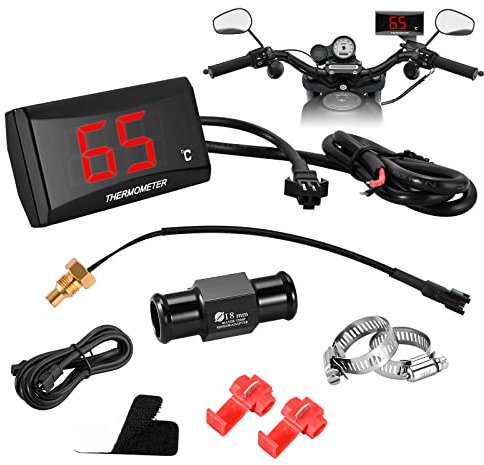Termometro Digitale per Moto, Sensore Temperatura Sonda Metallica, Termometro Acqua Motore, Termometro Moto Impermeabile con Impermeabile Display digitale a LED (18mm)