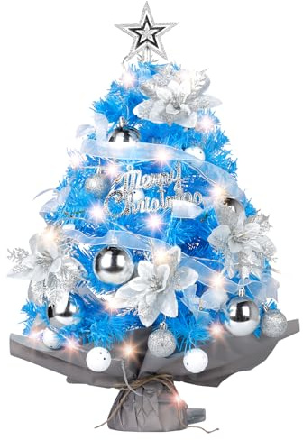 Mini-Weihnachtsbaum, 60 cm, Kleiner Weihnachtsbaum, Blau, künstlicher Tisch-Weihnachtsbaum mit 47 Ornamenten und weißem Baumrock, Weihnachtsdekorationen für Zuhause, Büro, Party