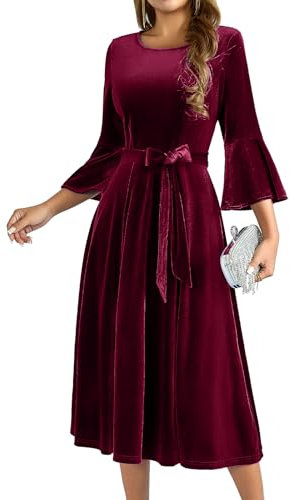 HomRain Women's Burgundy Velvet Long Sleeve Cocktail Dress A Line Tea Party Midi Clothing for Wedding Guest, Christmas&Holiday Party L