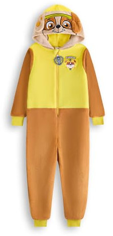 Paw Patrol Rubble Grenouillère pour Garçons & Filles | Pyjama Tout-en-Un pour Enfants en Marron & Jaune | Combinaison de Nuit Unisexe avec Capuche Brodée et Oreilles 3D
