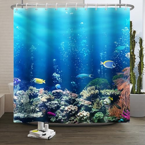 Xiaoterna Oceano Tenda da Doccia con Vita Marina Subacquea - Tartarughe e Corallo del Mondo Marino - Tessuto Impermeabile Lavabile in Lavatrice 180x200cm