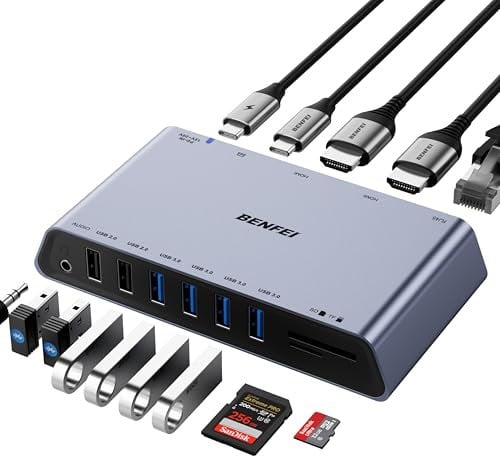 BENFEI Station d'accueil USB 3.0 12 en 1 DisplayLink avec Double écran HDMI/6 Ports USB/Lecteur de Carte SD/TF/réseau Ethernet Gigabit/Prise Casque Femelle 3,5 mm Compatible avec Windows et Mac