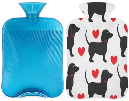 Cute Dachshund Dog Love Heart Hot Water Bottle with Cover, 2L Hot Water Bag for Pain Relief, Neck and Shoulder, Hand Feet Warmer