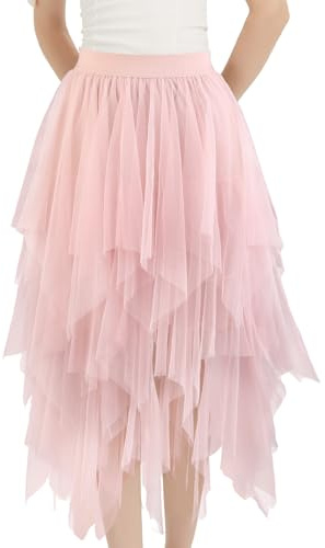 Soudittur Gonna in Tulle Estive da Donna Gonna Midi a Trapezio Gonna da Fata Multistrato Gonne a Pieghe Irregolari Gonna Tutu Elgante, Gonne di Halloween in Vita Alta Elastica(Rosa)