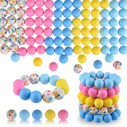 ASTARON 100 Pcs 15mm Silicone Beads for Keychain Making,Yellow Pink Blue Round Beads for Bracelets Crafts Beadable Pens Decorations Jewelry Making Party Favors Supplies