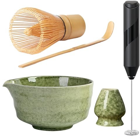 Matcha Kit, Lot de 4 Kit Matcha, avec Bol Matcha En Céramique, Fouet Matchat, Support de Fouet, Ccuillère En Bambou, Mousseur à Lait électrique, Coffret Cadeau, pour Cérémonie Du Thé Japonaise, Vert