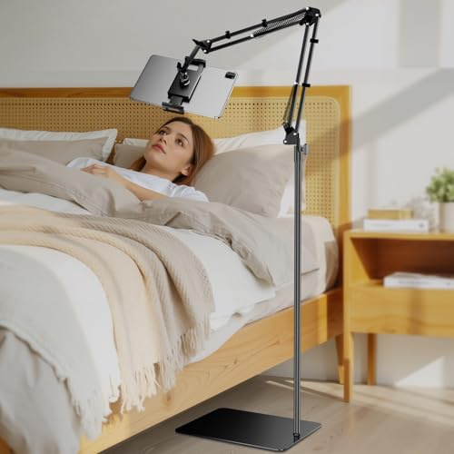 Tryone Tablet Floor Stand Tablet Holder - [65” Height Adjustable] Metal Flexible Arm Kindle Stand, Heavy Duty Base Bed Mount for iPad, for Kindle, for Samsung, Swith Phone All 4.7-16.1 Screen Devices
