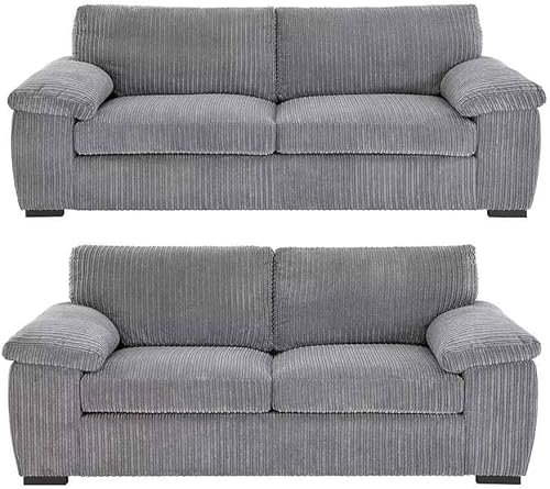 Furniture 786 Delta 3+2 Seater Sofa Set - Grey High Back Jumbo Cord 3 Seater Couch - Comfy 2 Seater Sofa Suite - Value Dual Arm Corner Sofa - 5 Seater Sofa for Living Room Lounge (Grey)