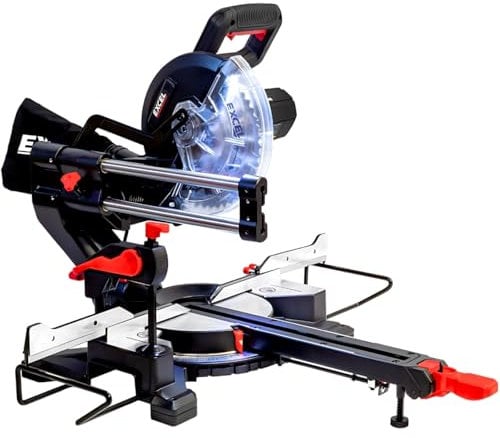 Excel 216mm Sliding Mitre Saw 240V, 1700W with Laser Guide, 48T Blade, Dust Bag & Extension Arms – Powerful, Precise Crosscut & Bevel Cutting Tool for Wood, MDF, and Plastic