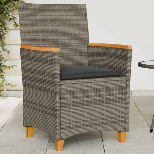 Makastle Gartenstühle Robust mit Kissen, 2er Set, Polyrattan-Stuhl mit Stahlrahmen Armlehne für Balkon, Terrasse, Haltbarkeit, Grau 59 x 61 x 90 cm Massivholz