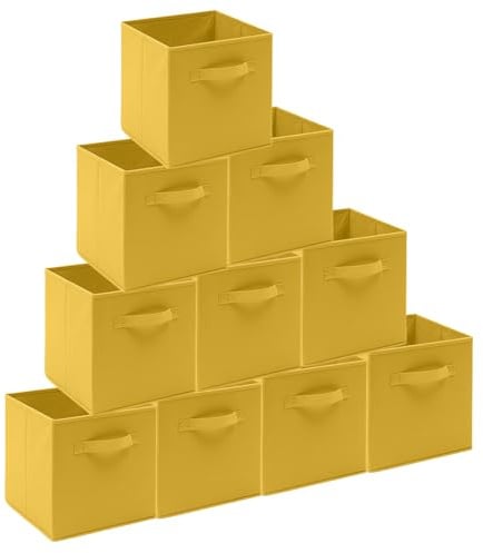 BonChoice Foldable Storage Cubes Boxes Pack of 10 with Handle for Home Organization, Fabric Wardrobe Storage Box Organizer Basket Bins for Clothes Toys, Collapsible(10, Yellow, 26.5x26.5x28cm)