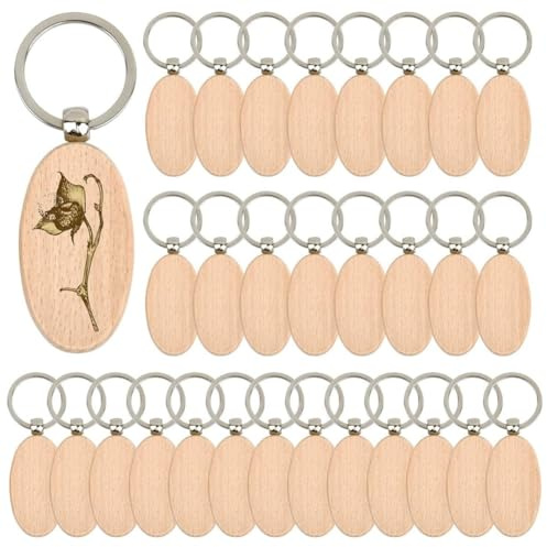 NONDK 30PCS Oval Wooden Keychain Blanks Unfinished Wood Keychain Blank Key Ring Key Tag Wood Engraving Blank Keychains