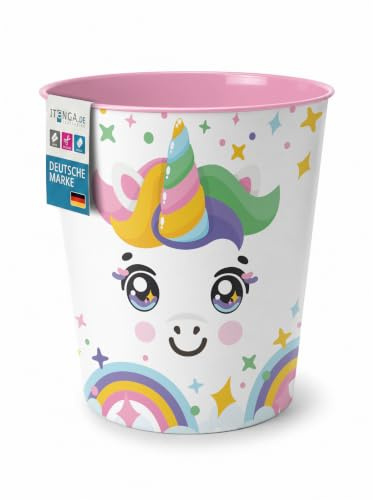itenga Papierkorb für Kinder mit Tier Motiv - Kawaii Design - rund ca. 11 Liter - Mülleimer fürs Kinderzimmer - stabiler Kunststoff (Einhorn)