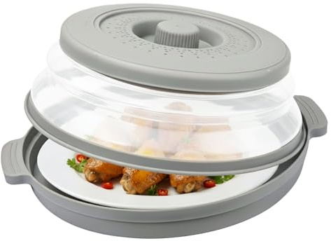 Pobuu 2 in 1 Microwave food Cover & Mat,Collapsible & Vented Silicone Splatter Guard Lid - Microwave Plate & Dish Cover with Handle, Kitchen Essential Gadgets for Meal Prep,10.7 Inch (gray)