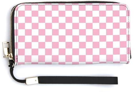 Portefeuille en cuir pour femme – Petit sac à main rose pastel à carreaux avec fermeture éclair