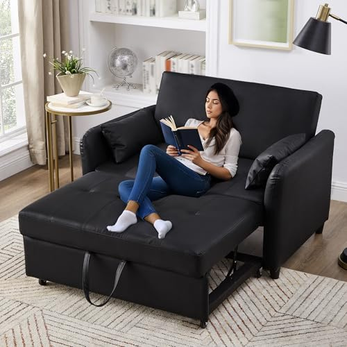 CelticHearth Ausziehbares Sofabett mit Schlaffunktion, Zweisitzer, 3-stufig verstellbare Rückenlehne, wasserabweisendes PU-Material, Antique Black, 122x83x82 cm