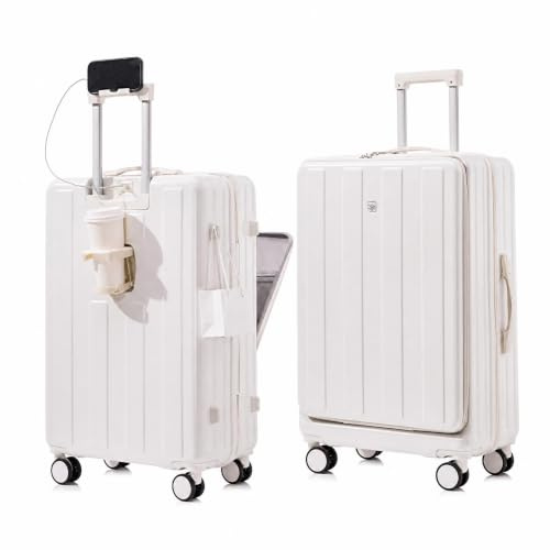 Gelory Handgepäck Koffer Kabinenkoffer, 20 Zoll Trolley Leichter Hartschalenkoffer mit Getränkehalter, Laptop-Fach und TSA-Schloss, Ideal für Reisen und Geschäftsreisen, Weiß