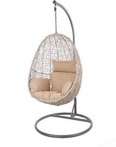 Kideo Swing Chair Indoor & Outdoor, Loungesessel Polyrattan, Hängestuhl, Hängesessel mit Gestell & Kissen (grau/beige)