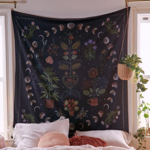 MOROBOR Botanischer Wandteppich Mondphasen 130 x 150 cm Wandbehang Boho Tapisserie Wandbehang Tapisserie Wandbehang Decke und Blumenpflanzen für Wohnzimmer