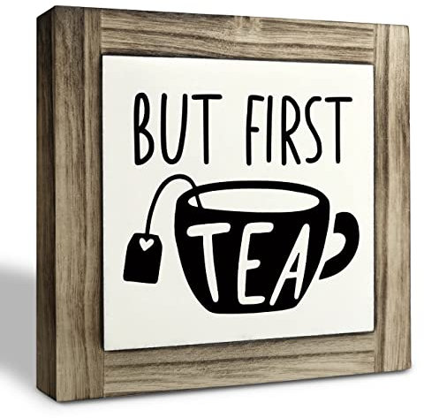 Tea Wood Plaque Sign, But First Tea, Box Wood Plaques Desk Décor, Vintage Kitchen Wood Plaque, Home Desk Shelf Decoration, Tea Bar Decor Sign, Tea Cup Sign, Gift for Tea Enthusiast 5.9×5.9inch