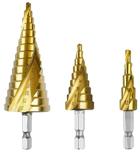Mesybveo 3 Pezzi Fresa Conica, 4-12 mm/4-20mm/4-32mm HSS Trapano in Titanio, Punte a Gradino con Gambo Esagonale, Punte Coniche a Doppia Scanalatura, Per legname, Plastica, Alluminio