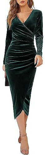 Yutdeng Abito da Donna Elegante in Velluto Invernale Abito da Cocktail Abiti da Cerimonia Lunghi Aderente a Maniche Lunghe Vintage Vestito Sexy Scollo a V per Cocktail Feste Sera Ballo,Verde,M
