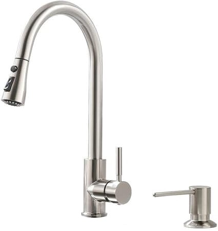 Kitchen Tap with Pull Down Sprayer Soap Dispenser, Modern Stainless Steel Swivel Single Handle High Arc Faucet, Kitchen Mixer Taps 1 Hole for UK Standard Fittings, Brushed Nickel