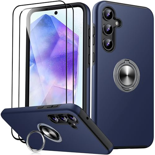 JAME für Samsung Galaxy A55 5G Hülle mit 2 Stück Panzerglas, Militärschutz Stoßfester Schutz Samsung A55 5G Hülle mit 360° Magnetischer Ring Kickstand Handyhülle für Samsung A55, Blau