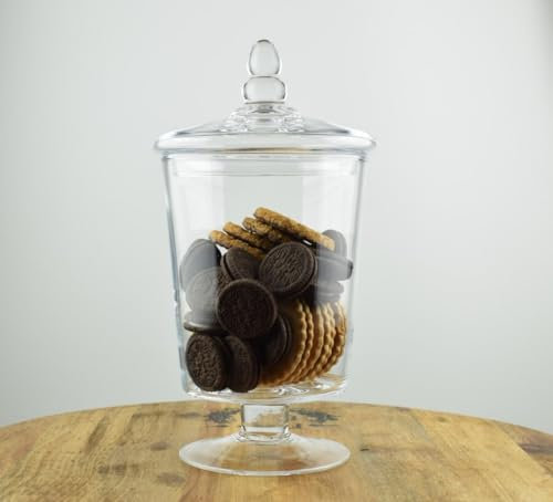 EMH Tarro de cristal con pie para galletas y dulces con tapa, 30 cm, hecho a mano