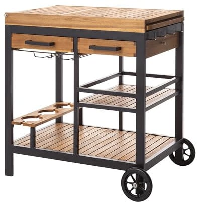 Dehner Servierwagen Liverpool, rollbar, mit Gläserhalterung, 150 x 82 x 52 cm, Aluminium/FSC®-zertifiziertes Akazienholz, schwarz/Natur