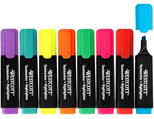 Westcott Textmarker 8 Stück Mix | 8er Set Highlighter Marker in leuchtenden Farben | 2-5 mm Strichstärke | Premium Tinte aus Deutschland | E-744252 00