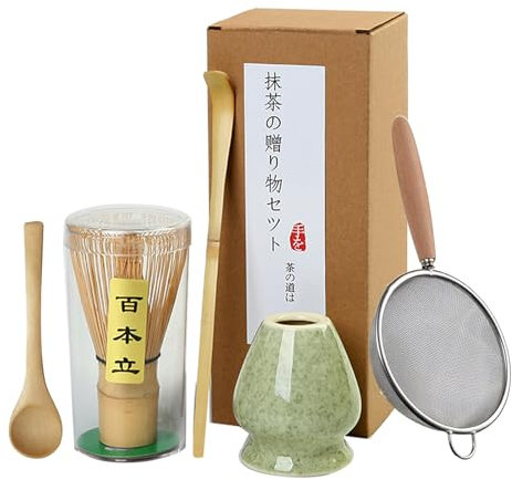 Matcha kit (5Pièces) Set de Fouet à Matcha Japonais Matcha set Fouet à matcha en bambou Pelle Support de fouet à matcha Le choix parfait pour les amateurs de la culture japonaise du matcha