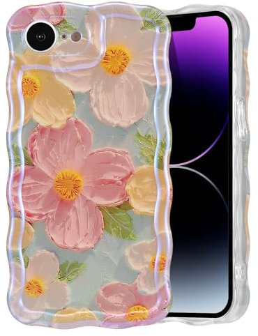 EYZUTAK Handyhülle für iPhone 16e, Vintage Ölgemälde Blume Handyhülle mit Glitzer Laserblume Hülle Lockiges Wellen Rahmenform Soft TPU Case Ultradünne Silikon Stoßfeste Schutzhülle Bumper Cover - Grün
