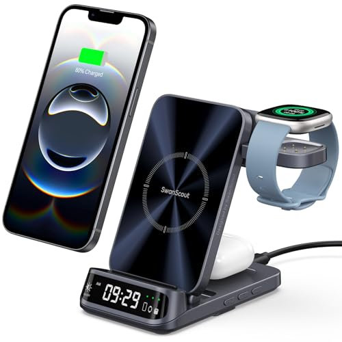Wireless Charger for Fitbit Versa 4/3/Sense 2/1/Ace LTE, Charging Station for iPhone 17/16/15/14/13, for Samsung S25/S24/S23, 3-in-1 Charger Stand for AirPods/Galaxy Buds, SwanScout 708FB (No Adapter)