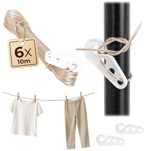 KADAX 6 x Wäscheleine 10m, 2mm Wäscheschnur mit Stahlkern und Kunststoffummantelung, wetterfestes Wäscheseil für Balkon, Garten & Camping, extra stark Leine