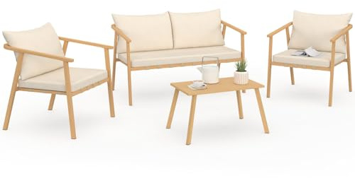 IDMarket - Niedrige Gartenmöbel Malta 4-Sitzer Metallstruktur in Holzoptik, Riemen und Kissen in Beige