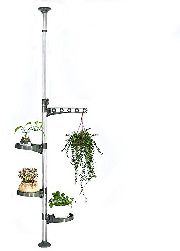 BAOYOUNI Indoor Plant Pole Stand Tension Rod Adjustable Flower Display Rack Spring Loaded Floral Hanger Storage Shelf with 3 Trays & 1 Arm for Windowsill Counter Top, Grey