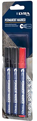 LYRA Permanent Marker Keilspitze mittel 2–6mm 3 sortierte Farben Blister | 2x schwarz/1x rot, ideal geeignet für professionelle, lichtbeständige Markierungen, schnell trocknende, permanente Tinte