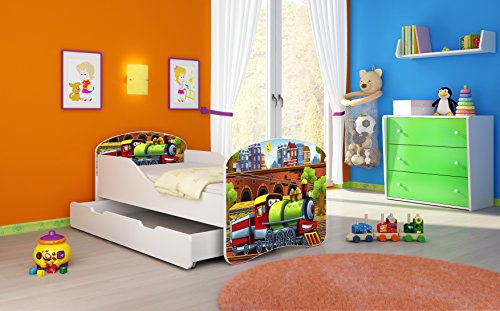 ACMA I Lit Enfant Bébé TIROIR Matelas sommier Gratuite Meubles pour Enfants (44 Locomotive, 180 x 80 cm + tiroir)