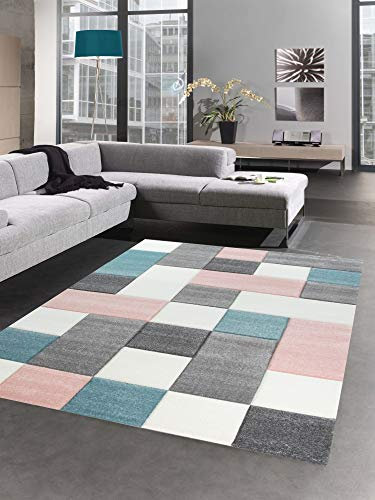 CARPETIA Moderner Teppich Wohnzimmerteppich Kurzflor Karo rosa grau türkis Größe 120x170 cm