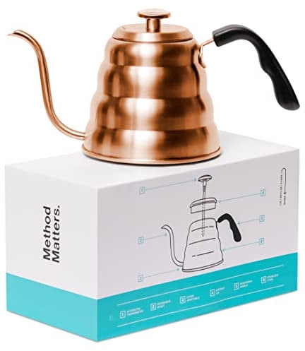 Barista Warrior Gooseneck Kettle for Pour Over Coffee and Tea with Thermometer for Exact Temperature, Precision Pour Drip Spout, Compatible with all Stove Tops (Copper Coated, 1.2 Liter, 40 fl oz)