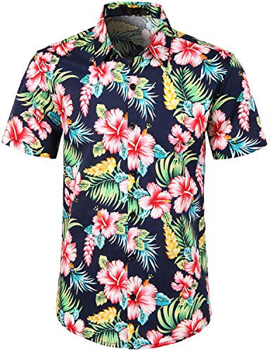 JOGAL Herren Blumen Kurzarm Baumwolle Hawaii Hemd X-Large NavyHibiskus