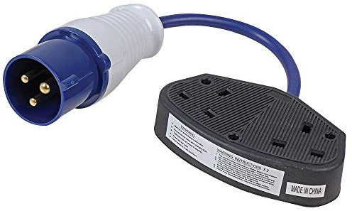 Ex-Pro 13A Double Socket to 16A Plug Mains Electric Hook Up Fly Lead Converter Adapter for Camping/Motor Home/Caravan, Blue