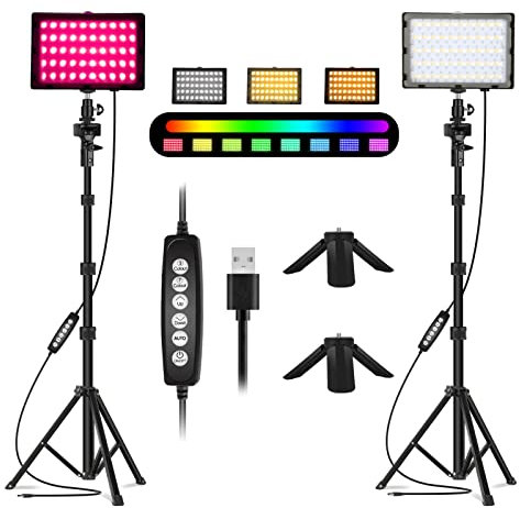 EMART 2-Pack Video Licht RGB, Dimmbare 5500K Videoleuchte LED USB mit Verstellbarem Stativ, Fotolicht für Videoaufnahme, Streaming, YouTube, Fotostudios