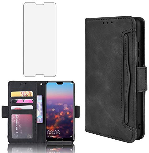 Phone Case for Huawei P20 Wallet Purse Leather Flip Cover With Tempered Glass Screen Protector Card Holder Slot Stand Kickstand Shockproof Protective Hawaii P 20 P20case Girls Cover Boys Black