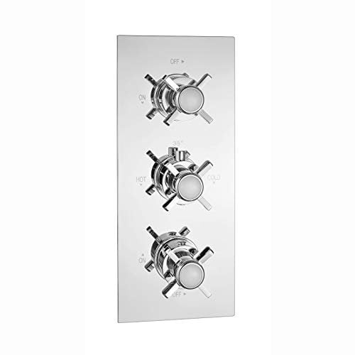 ENKI, Edwardian, TSV046, Concealed Thermostatic Triple Shower Mixer Valve with Two Outlets, Cross Handles, Traditional Bathrooms, Constant Temperature, Chrome