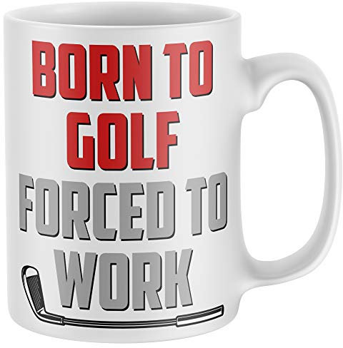 Purple Print House Golf Gifts for Men, Born to Golf Forced to Work, Funny Mug, Novelty Mugs, Idea Accessories Tees Balls, White, One Size