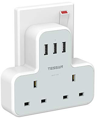 Plug Adapter with 3 USB Ports, TESSAN Double Plug Adaptor UK, 2 Way MultiPlug Extension with USB Charger, Slim Power Extender for Kitchen, Office, School Supplies