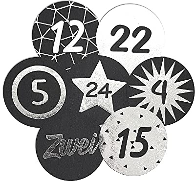 Frau WUNDERVoll® 48 Adventskalenderzahlen Aufkleber für 2 Kalender schwarz matt,Silber, Durchmesser 4 cm (Angebot) / Sticker, Weihnachten, Adventskalender, DIY Kalender